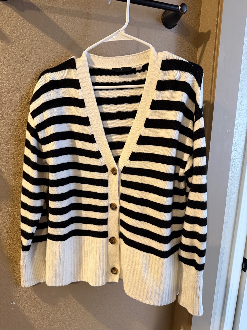 Tahari Black and White Striped V-Neck Button Cardigan